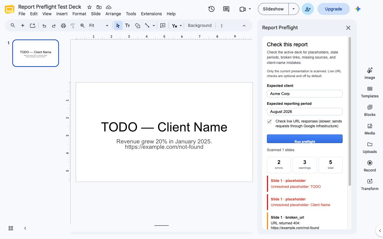 Report Preflight sidebar showing slide-specific issues in Google Slides